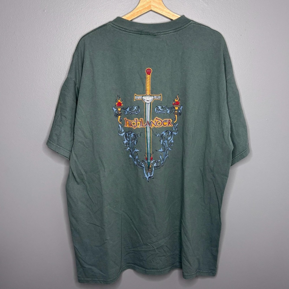 Vintage Highlander Shirt Mens 2XL Green Sword Graphic Movie T-Shirt 90s USA